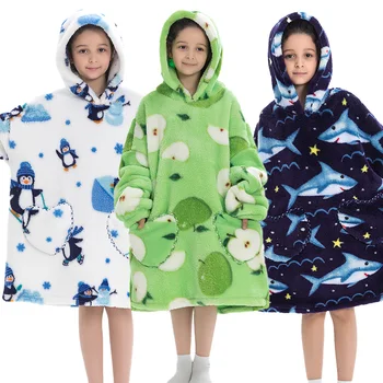 Wearable Cobertores E Pijamas Para Crianças Meninos Meninas Rapazes Raparigas Frouxo Capuz Bolso Do Moletom Homewear Lã De Inverno, Roupas De Impressão Quente Penguin