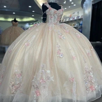 Champanhe Brilhante Sweet 16 Vestido Quinceanera 2023 Apliques de Renda Flores em 3D Arco Princesa Vestido de baile Vestidos De 15 Anos