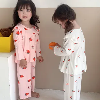 Meninas, o Verão Pijama Conjunto Fina e Solta Ar Condicionado Roupas para Crianças Homewear Tops + Calças de Duas peças-Casual Manga Longa Conjunto