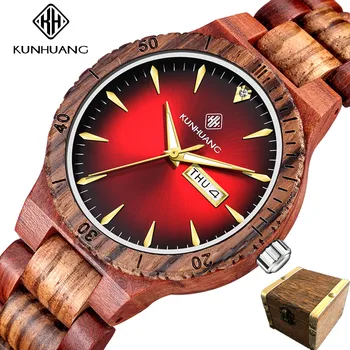 Novo Para os Homens de Madeira Relógios KUNHUANG Homens Relógio de Quartzo de Madeira de Bambu Relógios do Esporte relógio de Pulso de Madeira do Relógio de Quartzo de Madeira do Relógio Relógio