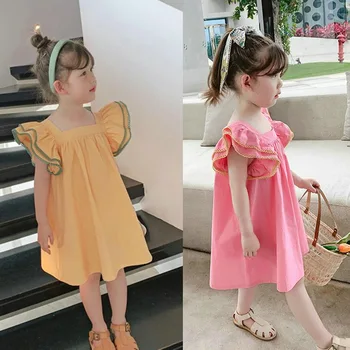 Meninas de Vestido Voando Mangas Praça Gola Doce Vestido de Princesa Vestidos De 2023 Verão de Bebê, Roupas de Crianças Roupas para Crianças