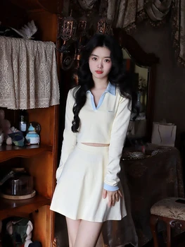 Doce Terno Coreano Moda 2 Peças De Conjunto De Vestido Mulher Manga Longa Y2k Crop Tops + Casual Elegante Mini Saia Feminina 2023 Chique De Outono