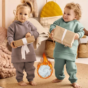 Moda Crianças Conjuntos de Vestuário de Outono Inverno Meninos Meninas Quentes de Treino de Roupas Moletons com Capuz+Calça 2Pcs de Bebê do Terno de Esportes