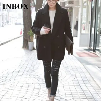 Caixa de ENTRADA do Outono E Inverno Grosso Casaco de Mulher Casual Solta Sólido Preto de Lã coreano Moda Senhora do Escritório da Coats