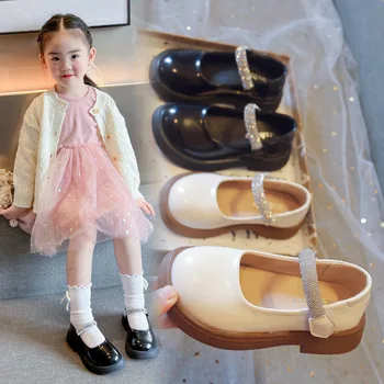 2023 Primavera, Outono Meninas Novas de Couro Sapatos de Crianças de Moda Bonito Strass Princesa Sapatos infantis Anti Derrapante Sapatos W679