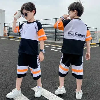 Meninos de Verão da Moda Vestuário Elegante Terno Novo Estilo coreano para Crianças, Adolescentes E Crianças de Manga Curta, Shorts Duas peças de Conjunto