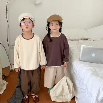 2023 Primavera Novo coreano para Crianças de Ajuste Solto Camisa de Manga Longa para Meninos e Meninas com Vinculado Moda em torno do Pescoço T-shirt