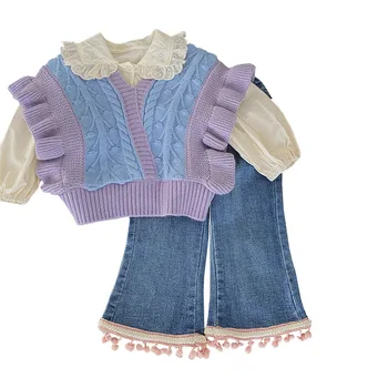 Filhos de Renda Boneca Camisa de Gola de Malha Design de Colete Jeans Conjunto de Moda de Criança Roupas de Menina para Menina das Crianças