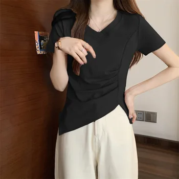 Irregular de fenda de manga curta t-shirt feminina sentido de concepção nicho de verão 2023 nova, única e exclusiva curto-estilo de blusa branca