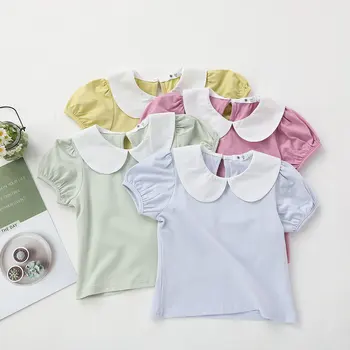 Meninas de Manga Curta T-shirts de Verão de Nova Menina Boneca Pescoço Doce Tees Crianças do Bebê Tops Roupas de Bebê de Algodão Sólido Tees