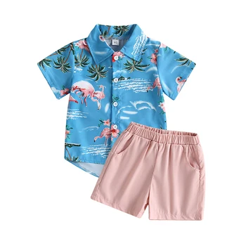 2pcs Casual Criança Criança do Bebê do Verão dos Meninos Conjuntos de Roupas de Manga Curta Flor/Flamingo Imprimir Camisa com Shorts de Cintura Elástica