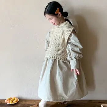 7194 de Crianças Vestido de 2023 Outono Nova-coreano Cor Sólida Bolha Manga o Vestido da Menina Solta Saia Longa Ou de Malha de Lã do Xale