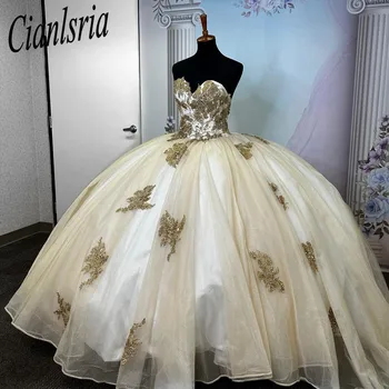 Champanhe Vestido De Baile Apliques De Contas Vestidos De Quinceanera Princesa Doce 16 De Vestidos De 15 Anos Robe De Bal