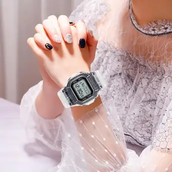 Luminosa Esportes Relógio Digital Relógio Pequeno Quadrado Transparente Alça De Senhoras Estudantes Eletrônico Watch Presente Dropshipping Relógios