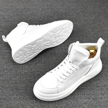 Estilo coreano de mens casual branco botas de lace-up original sapatos de couro de flats a plataforma de tênis rua belo tornozelo botas zapatos
