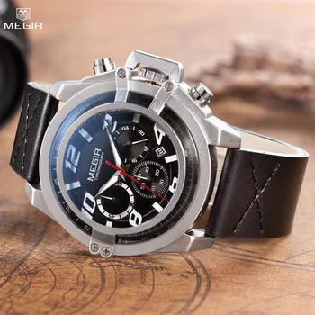 MEGIR Moda Mens Watch Superior a Marca de Esportivos de Luxo Relógios à prova d'água Quartzo Relógio de Couro Militar do Relógio de Pulso de Relogios Masculino