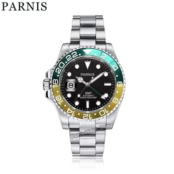 Parnis 40 mm Sapphire GMT Movimento Automático Esquerda Coroa Homens Menino Relógio Luminoso Marcador de Data de Bisel Rotativo