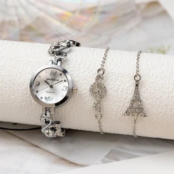 3PCs Luxo Relógio de Pulseira Conjunto Adequado para as Mulheres de Diamante Amor Assistir a Moda Quartzo Relógio Adequado para Mulheres de Vestido Frete Grátis