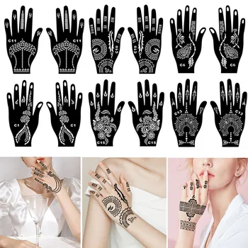 Reutilizáveis Henna Mão Estênceis Modelos árabe, Indiana Mandala do Aerógrafo da Tatuagem do Brilho do Estêncil para as Mulheres de Casamento Pochoir Henne