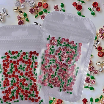 20Pcs/Saco Vermelho/cor-de-Rosa de Metal Cereja Unhas Encantos 3D Strass Brilhantes Cereja Nail Art de Decoração de Luxo com Liga de Zircônio Cereja Manicure Parte
