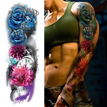 4PCS Braço Completo Temporária Tatuagem Sexy Rose Tattoo Body Art Braço Etiqueta da Videira Peônia Etiqueta da Tatuagem para as Mulheres de Maquiagem