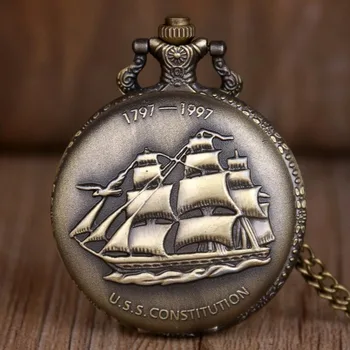 Novo Requintado Bronze Barco de Quartzo Relógios de Bolso, com Colar Corrente Pingente de Relógios de Bolso Homens Mulheres Presentes Relógio De Bolso