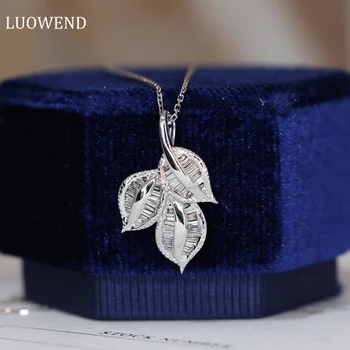 LUOWEND Ouro Branco 18K Colar 0.38 quilates de Diamante Real Pingente de Colar para Mulheres de Casamento Clássico Folha de Design de Jóias de Alta