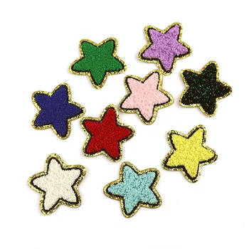 Estrela de cinco Pontas Pano de Toalha de Bordado Etiqueta Chenille Glitter, Saco de Crachás Gritt de Costura Patches de Vestuário de DIY Acessório