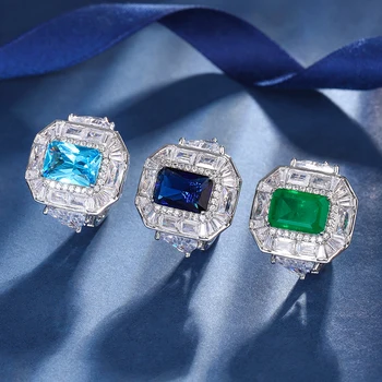 EYIKA de Jóias de Luxo Retângulo Azul Criado Safira Anéis para as Mulheres Baguette Zircão Verde Fusão de Pedra Ajustável Robusto Anel
