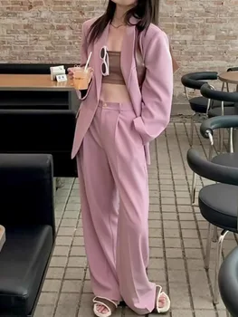 Mulher Nova Blazer Jaqueta Calças Compridas Calças Conjunto Cor-De-Rosa Office Coreano Moda De Duas Peças Único Breasted De Uso De Negócio Pantsuits