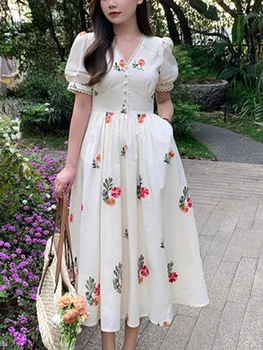 Moda de Damasco Floral Midi Vestido de Mulher 2023 Verão do Projeto de Laço Flor Elegante Vestido de Dama de Escritório Estilo coreano Mesmo de Festa Chique