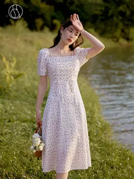 DUSHU Elegante Praça Pescoço Mulheres Floral Vestido de Verão Lace Up Design de Tecido Texturizado Puff Manga Feminina Vestido Longo Vestido estampado