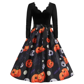3XL Goth Disfraz Traje de Halloween Vestidos de Festa das Mulheres 2023 V-Pescoço Longo da Luva de Abóbora Bruxa de Impressão Vintage Pesadelo Pinup Manto
