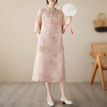 2023 Nova Chegada Fino, Leve E Suave Impressão Floral Beading Moda De Estilo Chinês De Verão Vestido Cheongsam Vintage Das Mulheres Vestido Casual