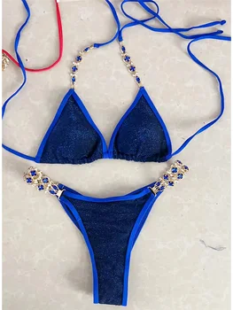 Diamante Strass Espumante Halter Bikini Mulheres Swimwear Feminino Maiô de Duas peças Biquini Banhista maiô de Natação K4806