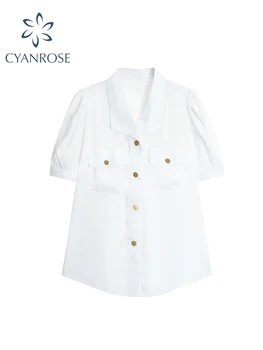 Mulheres com Camisas Brancas e Blusas Estilo coreano Harajuku Y2k Moda Vintage na Moda Solta Camisa de Manga Curta Topo Roupas de Verão 2023