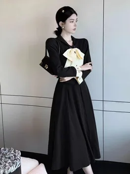 Outono Coreano Moda Elegante De Duas Peças De Conjunto De Mulheres Bow Tie Coat + Saia Longa Ternos Francesa Vintage Pequeno Fragrância 2 Peças De Roupa