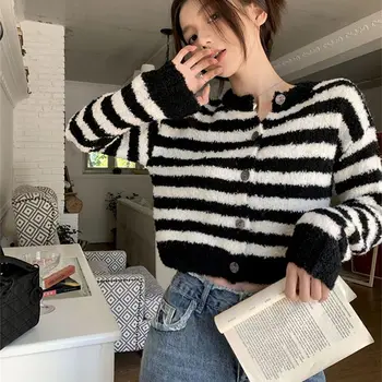 Japonês retro contrastantes suéter listrado casaquinho de malha com nicho curta de design topo de pequena gola redonda cardigan suéter feminino