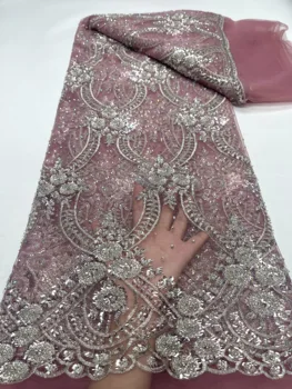 2023 Deluxe Edition Africana de Malha de Rendas cor-de-rosa 3D Sequin Tecido de Luxo Mão-frisado tule bordado lace Nigeriano vestido de noiva