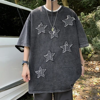 Pentagrama Patch Projetos Angustiado Verão de Manga Curta T-shirt homem Moda Oversized Angustiado Japonês Streetwear Tendência Tops