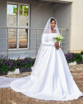 Belo Cetim País Jardim de Noiva Vestidos de Vestes De Mariage de Uma Linha Fora do Ombro Mangas compridas Simples Africano Vestido de Noiva