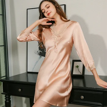 100% de amoreira seda vestido de noite das mulheres de primavera/verão, de inverno laço cor pura nobre Hangzhou seda sexy de seda nightdress