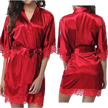 Mulheres Gelo Pijama de Seda Vestes Camisolas Pijamas Nightdress Vermelho Preto L XL Laço Suave, Macio, Confortável e Casual Cor Pura