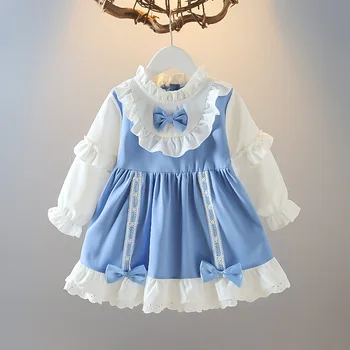 Outono Bebê Vestido de Manga Longa Recém-nascido Menina Saia de Algodão Bonito Arco Infantil Criança Roupas de 0-24M Azul e Branco Plissado Vestido de Princesa