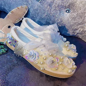 Moda pérola strass lantejoulas flores franjas de rendas da indústria pesada de sapatos de lona branca pequena de sapatos femininos da primavera e do outono pecado