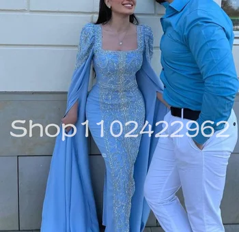 Céu Azul árabe Aso Ebi Sereia Vestidos de Baile com Cabo de Manga Longa, Bordado Frisado Square Dubai Abaya Vestido de Noite