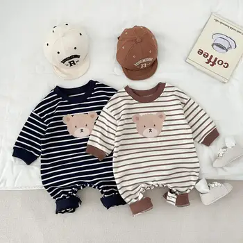 Ins 2023 Coreano Outono Meninos Do Bebê Body De Algodão Listrada De Manga Longa Infantil Meninos Macacão De Desenho Animado Do Urso Solto Recém-Nascido Meninos Onesie
