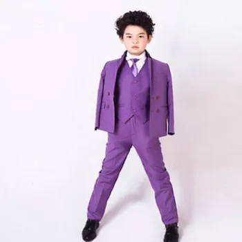 Roxo Blazer Conjuntos De Stand Colarinho Crianças Ternos Custume De Moda Smoking Bonito, Legal, Formal, Roupas De 3 Peças (Casaco+Calça +Colete)