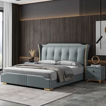 Minimalista moderna tecnologia de tecido de armazenamento cama de casal, estilo Europeu luz de couro de luxo arte de casal, cama de couro, 1,8 m de cama de casal